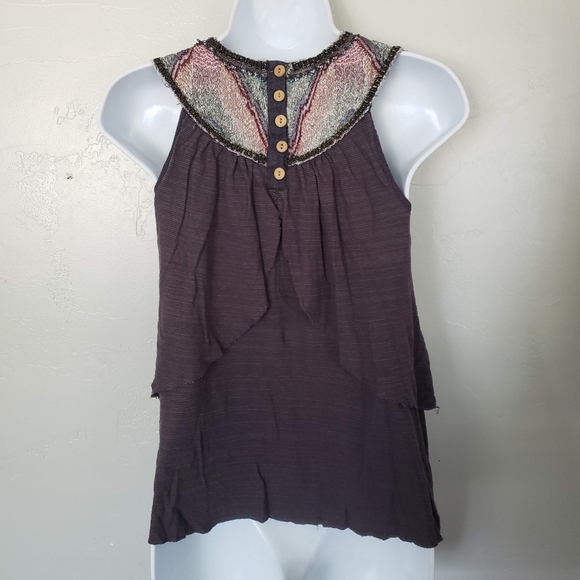 Free People XS Dark Purple Striped Embellished Sleeveless Blouse Button Beading - Picture 4 of 9